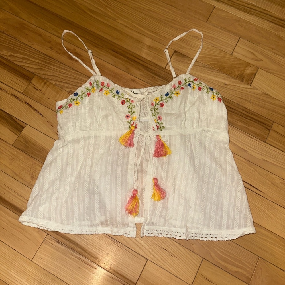 Japna White Camisole with Colorful Embroidery and Tassels